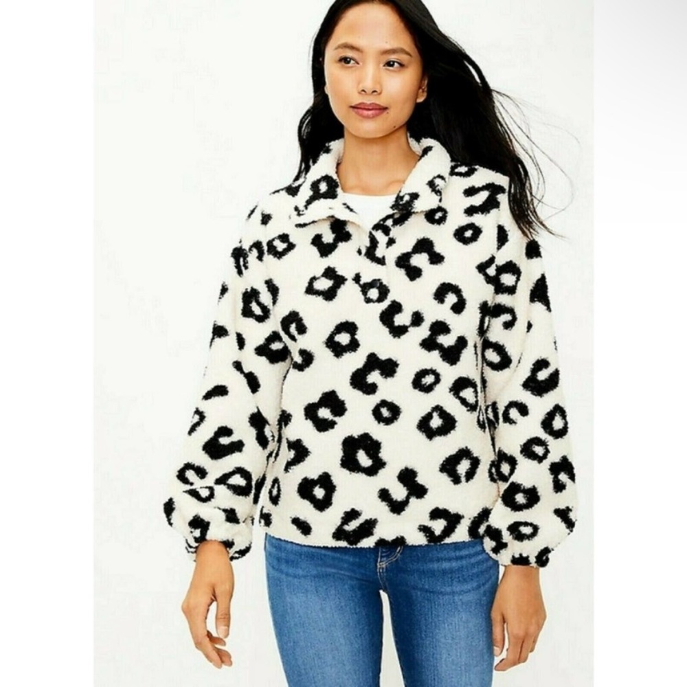 LOFT Leopard Sherpa Pullover Sweater | Snap Collar Funnel Neck | Size Large